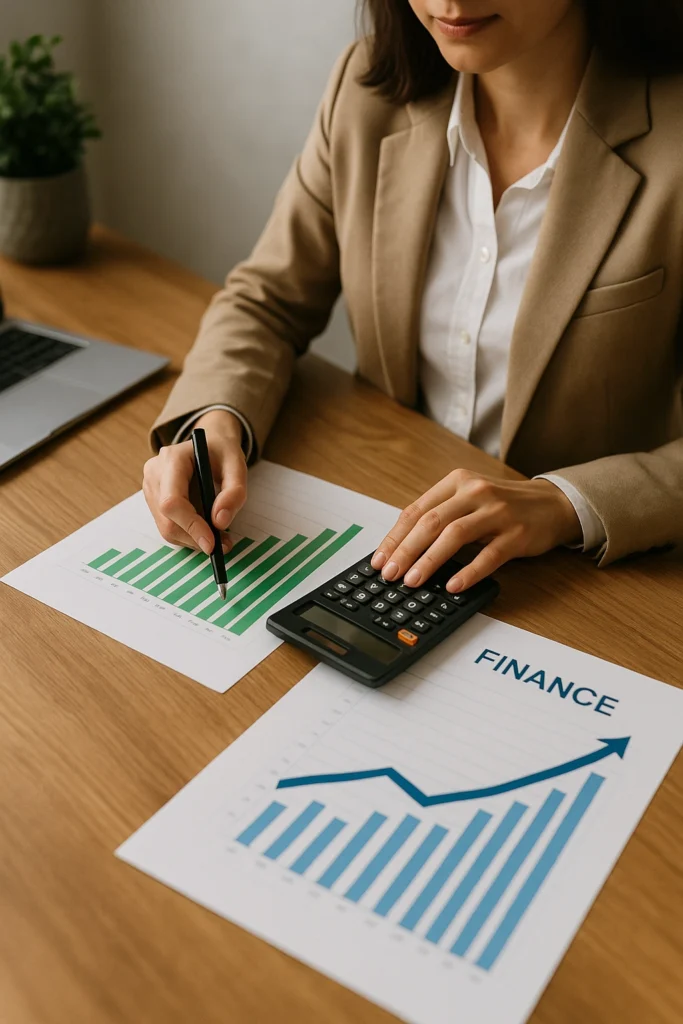 Asesoría Financiera en Colombia – Claudia Jutinico Contadora Mujer contadora revisando gráficas financieras en crecimiento positivo con calculadora y documentos en escritorio