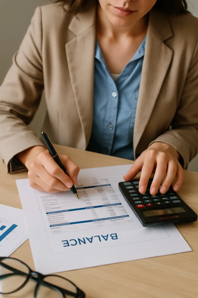 Contabilidad y Balance General – Claudia Jutinico Contadora Claudia Jutinico contadora, revisando un balance general en Colombia con calculadora para resultados positivos